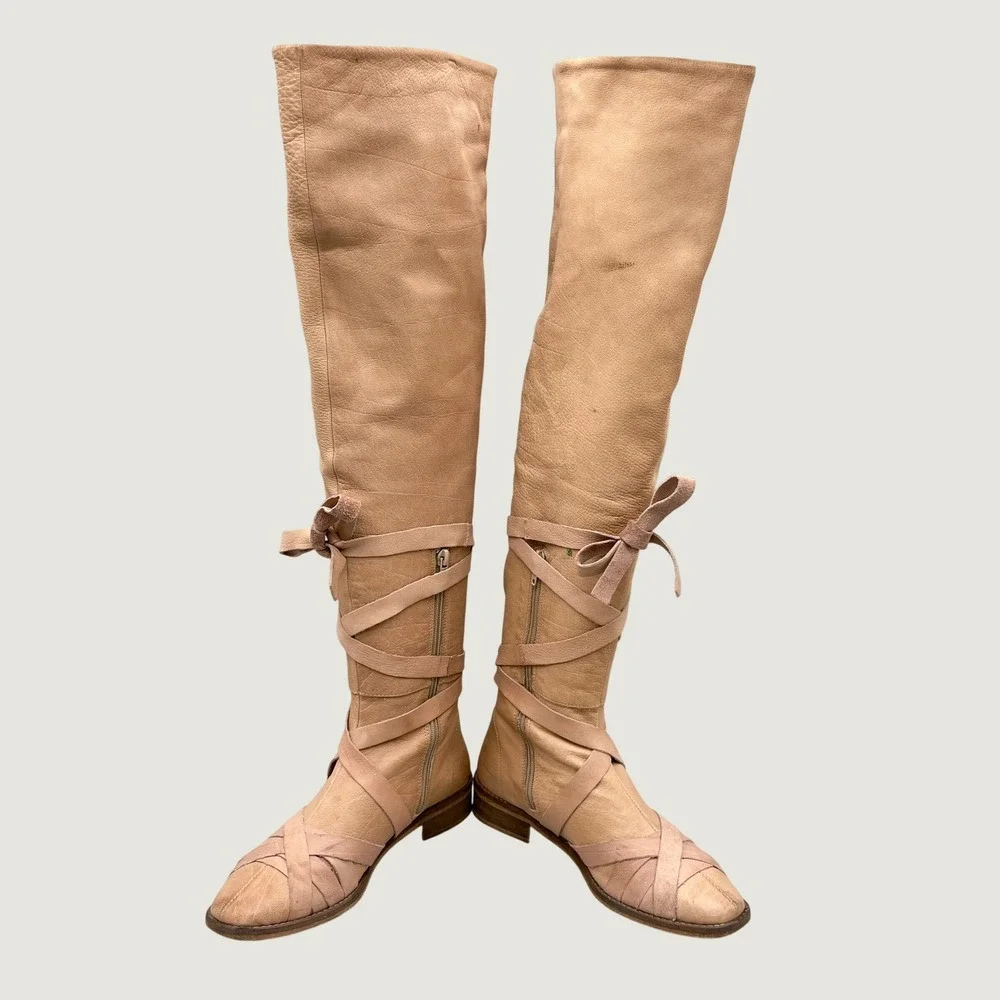 Free People Womens 37 6.5 West End Over The Knee Boots Camel Leather Gladiator